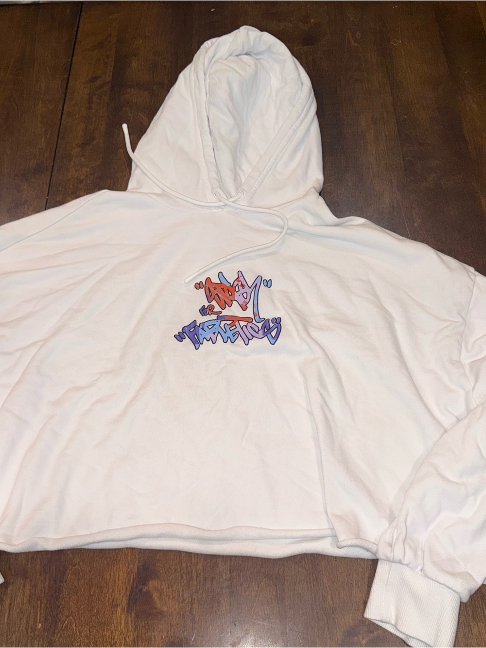Fabletics White Cropped Hoodie with Orange & Purple Chest Graphic